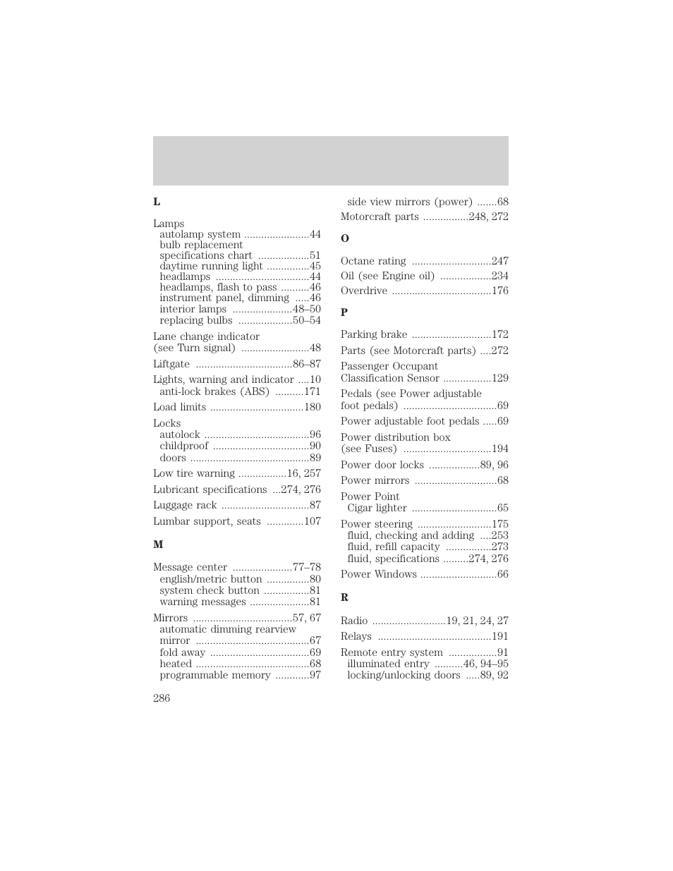 Index | FORD 2004 Freestar v.2 User Manual | Page 287 / 289