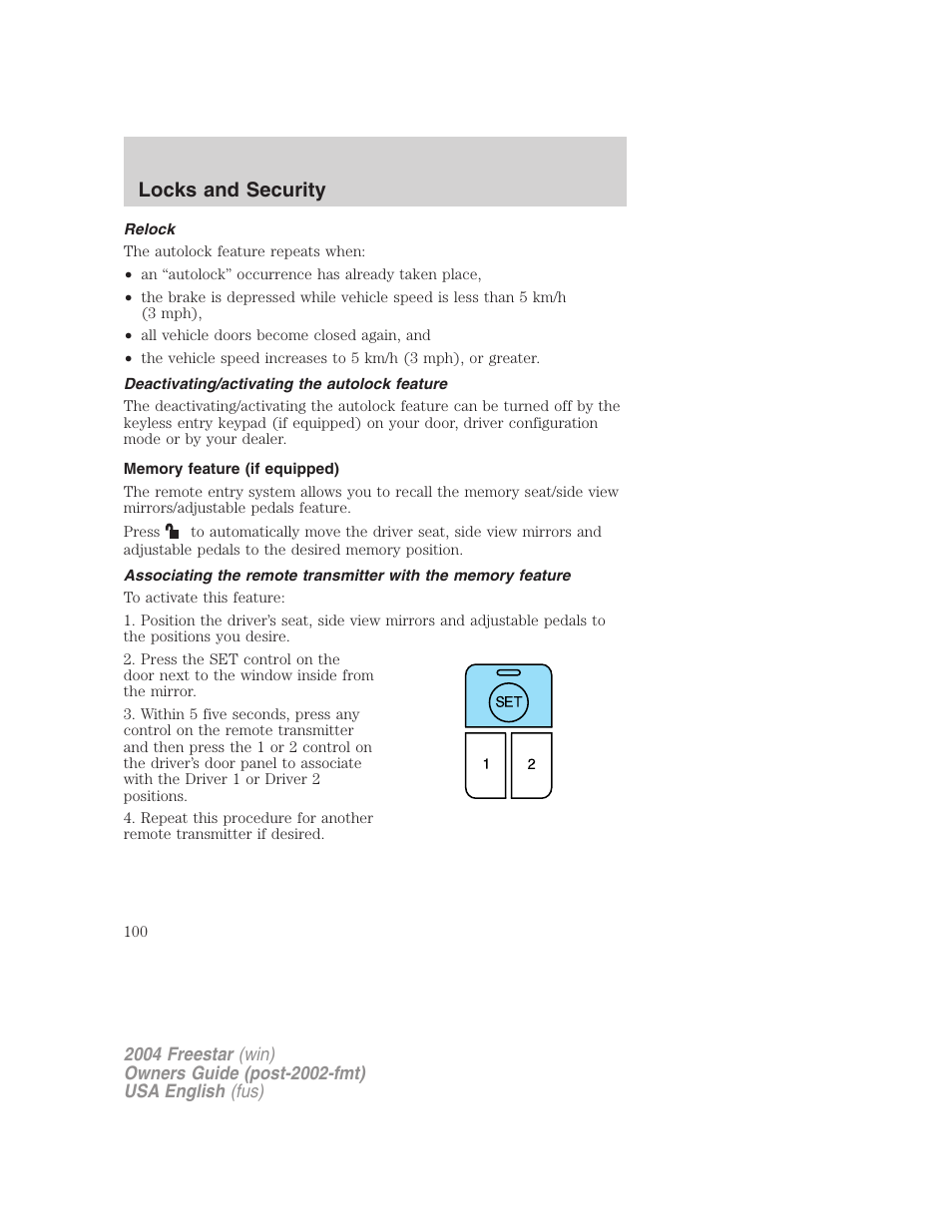 Locks and security | FORD 2004 Freestar v.3 User Manual | Page 100 / 296