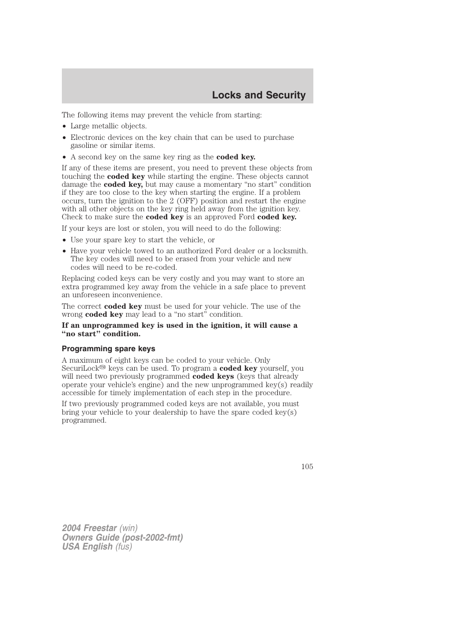 Locks and security | FORD 2004 Freestar v.3 User Manual | Page 105 / 296