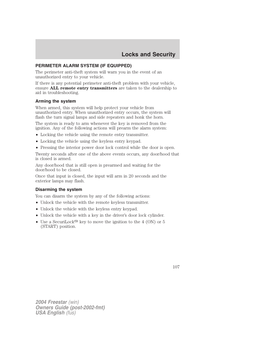 Locks and security | FORD 2004 Freestar v.3 User Manual | Page 107 / 296