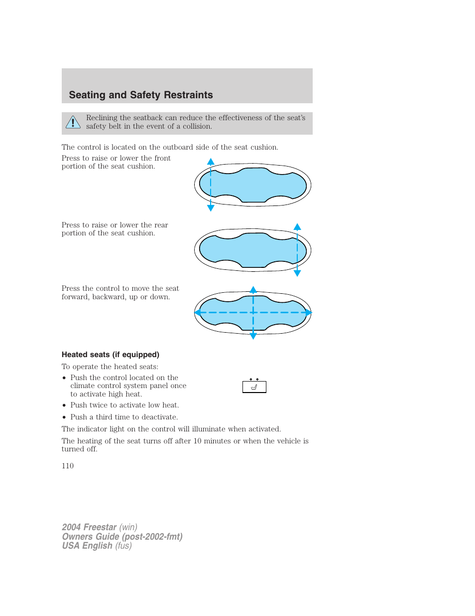 Seating and safety restraints | FORD 2004 Freestar v.3 User Manual | Page 110 / 296