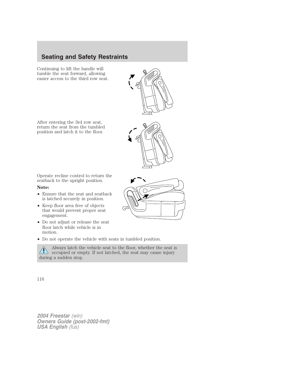 Seating and safety restraints | FORD 2004 Freestar v.3 User Manual | Page 116 / 296