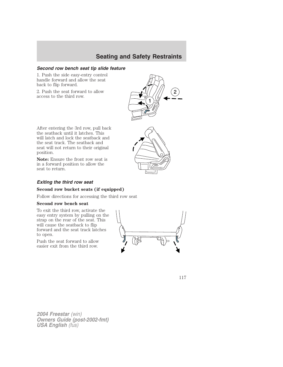 Seating and safety restraints | FORD 2004 Freestar v.3 User Manual | Page 117 / 296