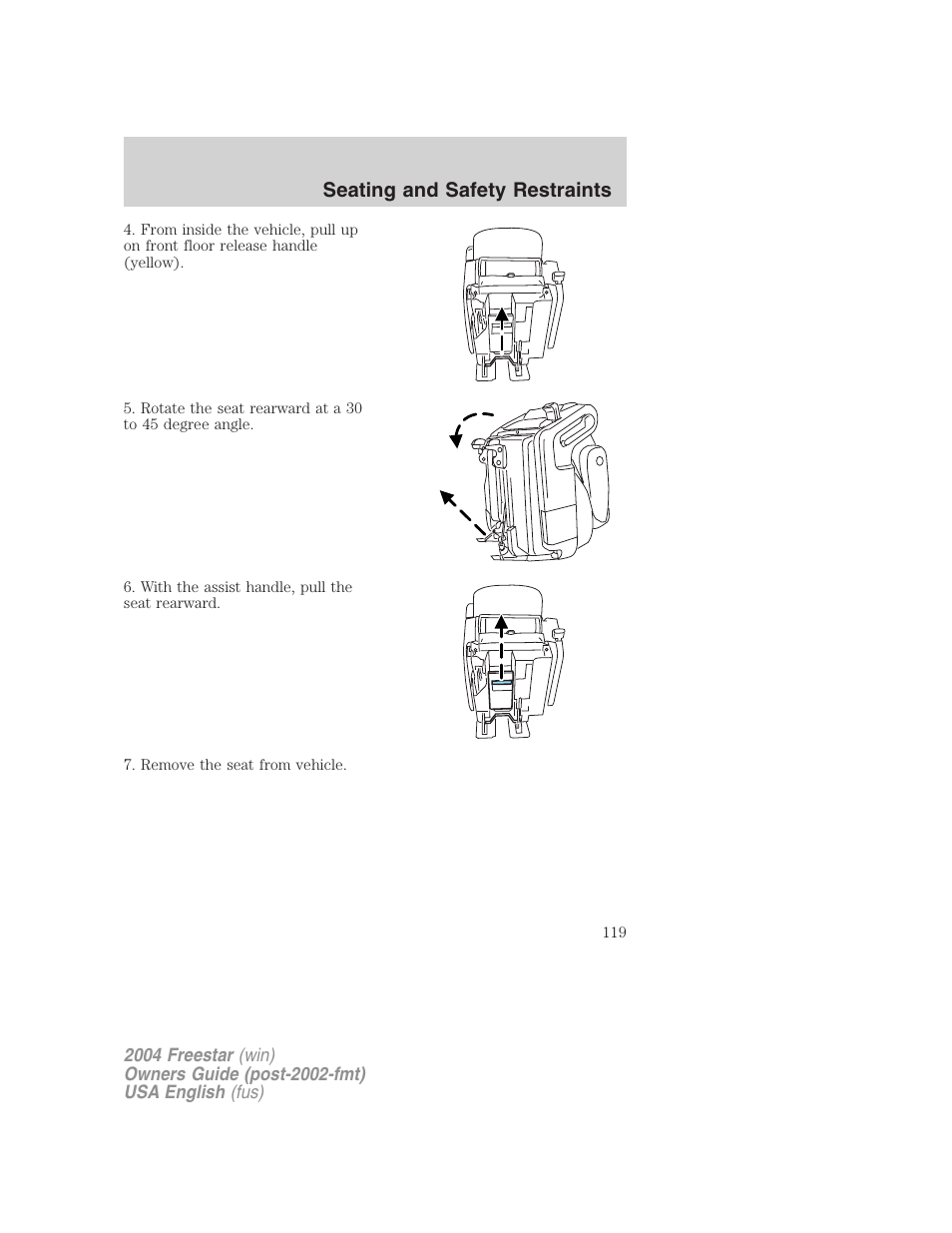 Seating and safety restraints | FORD 2004 Freestar v.3 User Manual | Page 119 / 296