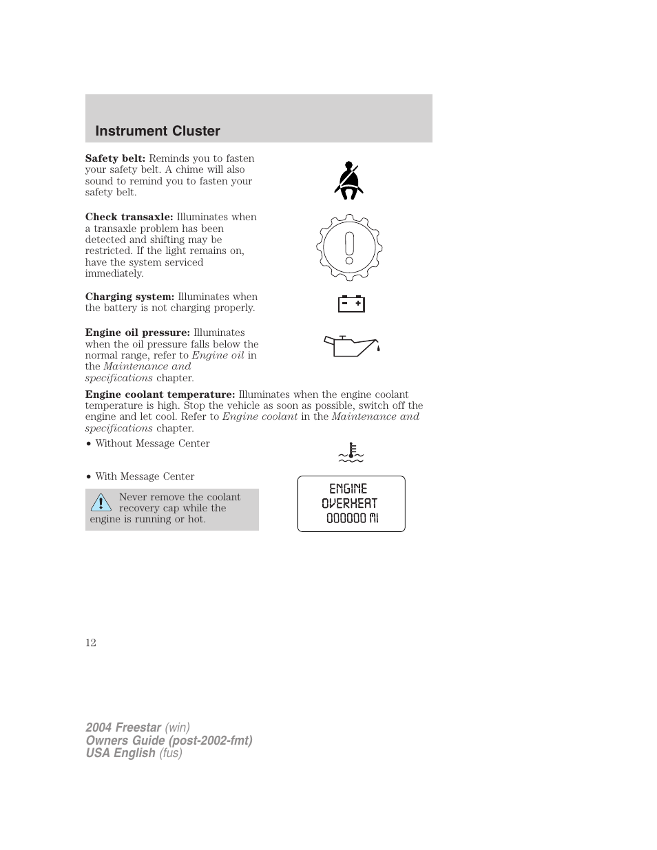 Instrument cluster | FORD 2004 Freestar v.3 User Manual | Page 12 / 296