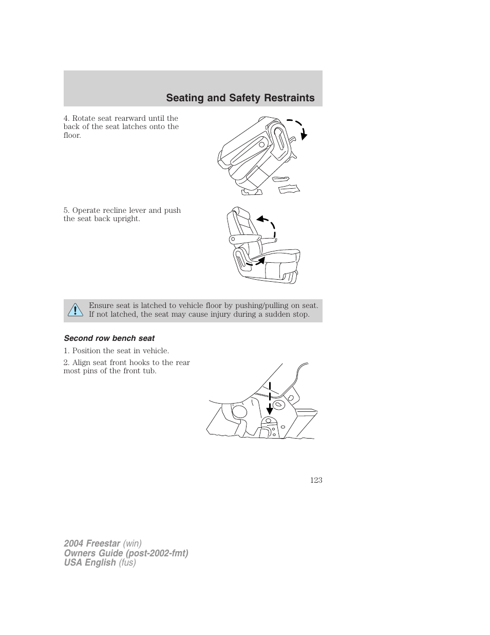 Seating and safety restraints | FORD 2004 Freestar v.3 User Manual | Page 123 / 296