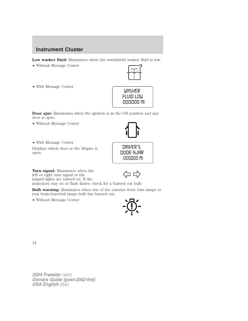 Instrument cluster | FORD 2004 Freestar v.3 User Manual | Page 14 / 296