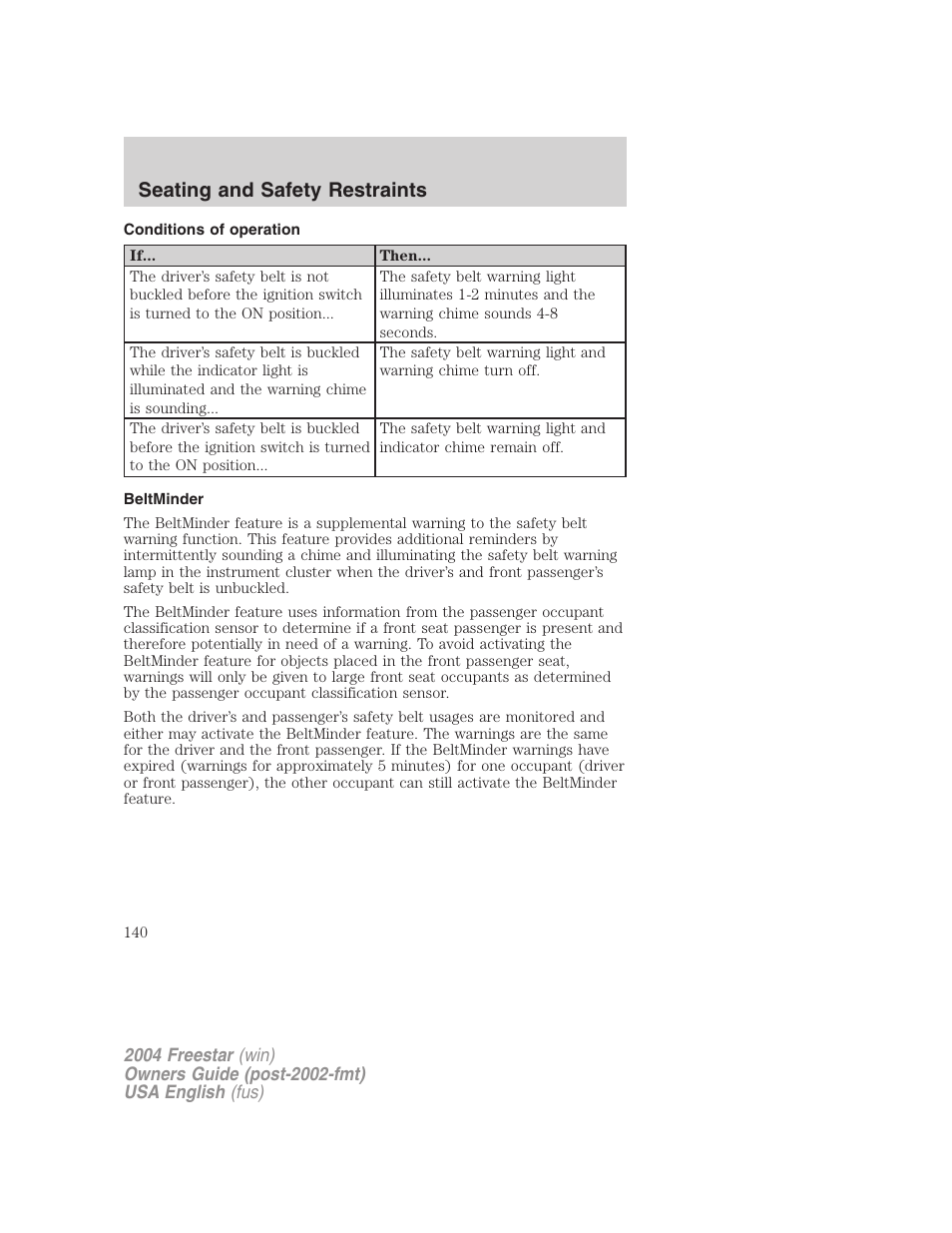 Seating and safety restraints | FORD 2004 Freestar v.3 User Manual | Page 140 / 296