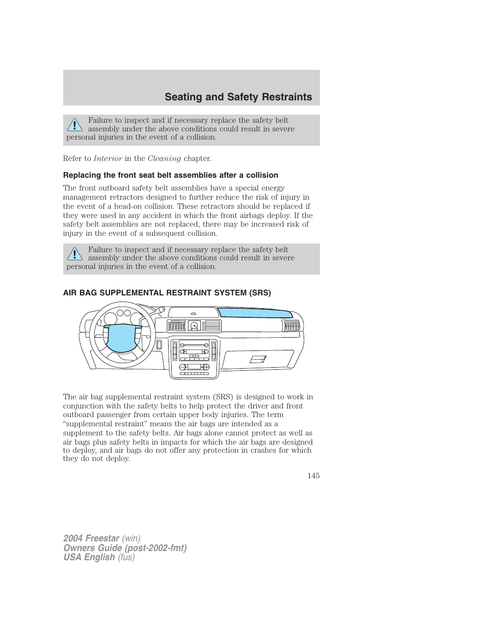 Seating and safety restraints | FORD 2004 Freestar v.3 User Manual | Page 145 / 296