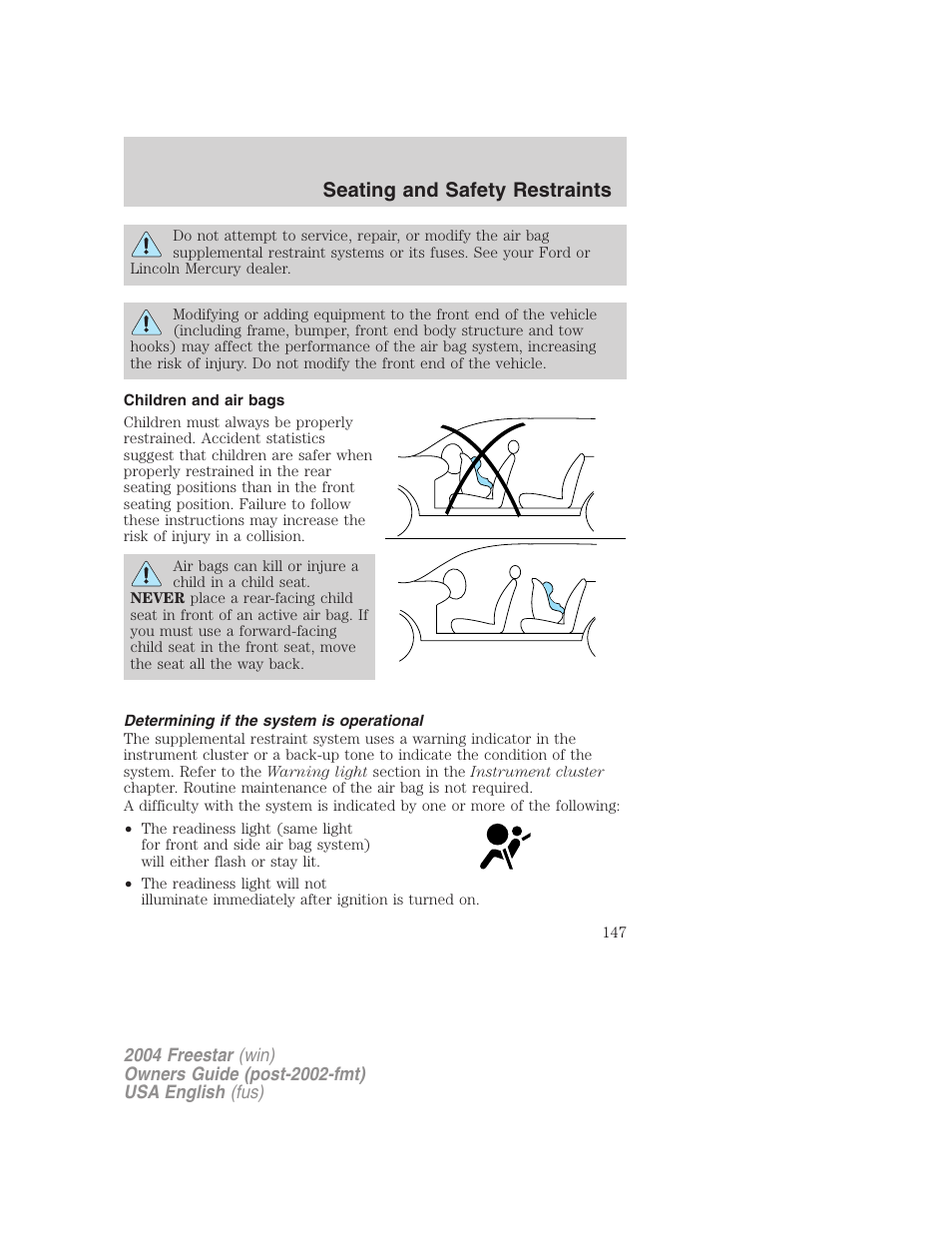 Seating and safety restraints | FORD 2004 Freestar v.3 User Manual | Page 147 / 296