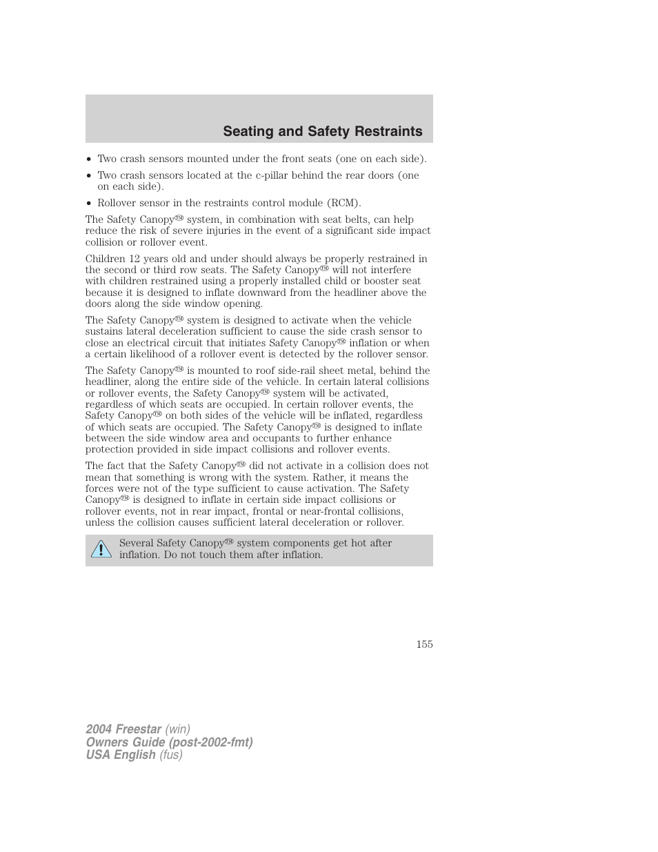 Seating and safety restraints | FORD 2004 Freestar v.3 User Manual | Page 155 / 296