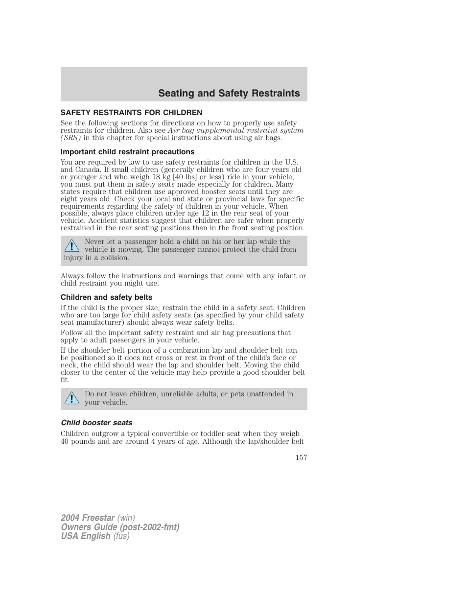 Seating and safety restraints | FORD 2004 Freestar v.3 User Manual | Page 157 / 296