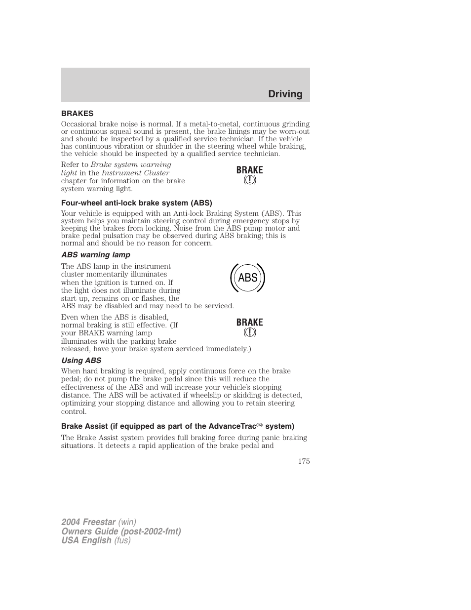 Driving | FORD 2004 Freestar v.3 User Manual | Page 175 / 296