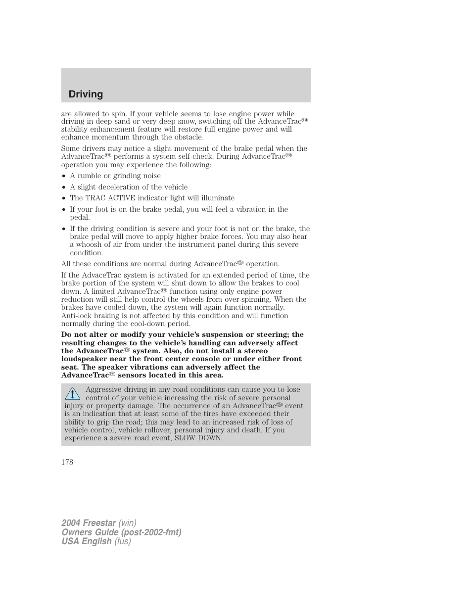 Driving | FORD 2004 Freestar v.3 User Manual | Page 178 / 296