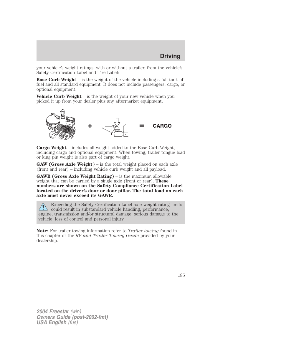 Driving | FORD 2004 Freestar v.3 User Manual | Page 185 / 296