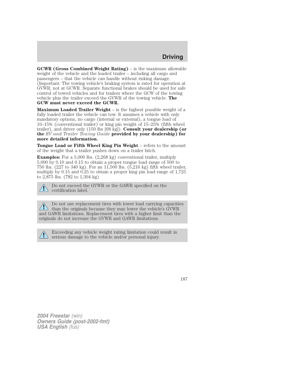 Driving | FORD 2004 Freestar v.3 User Manual | Page 187 / 296