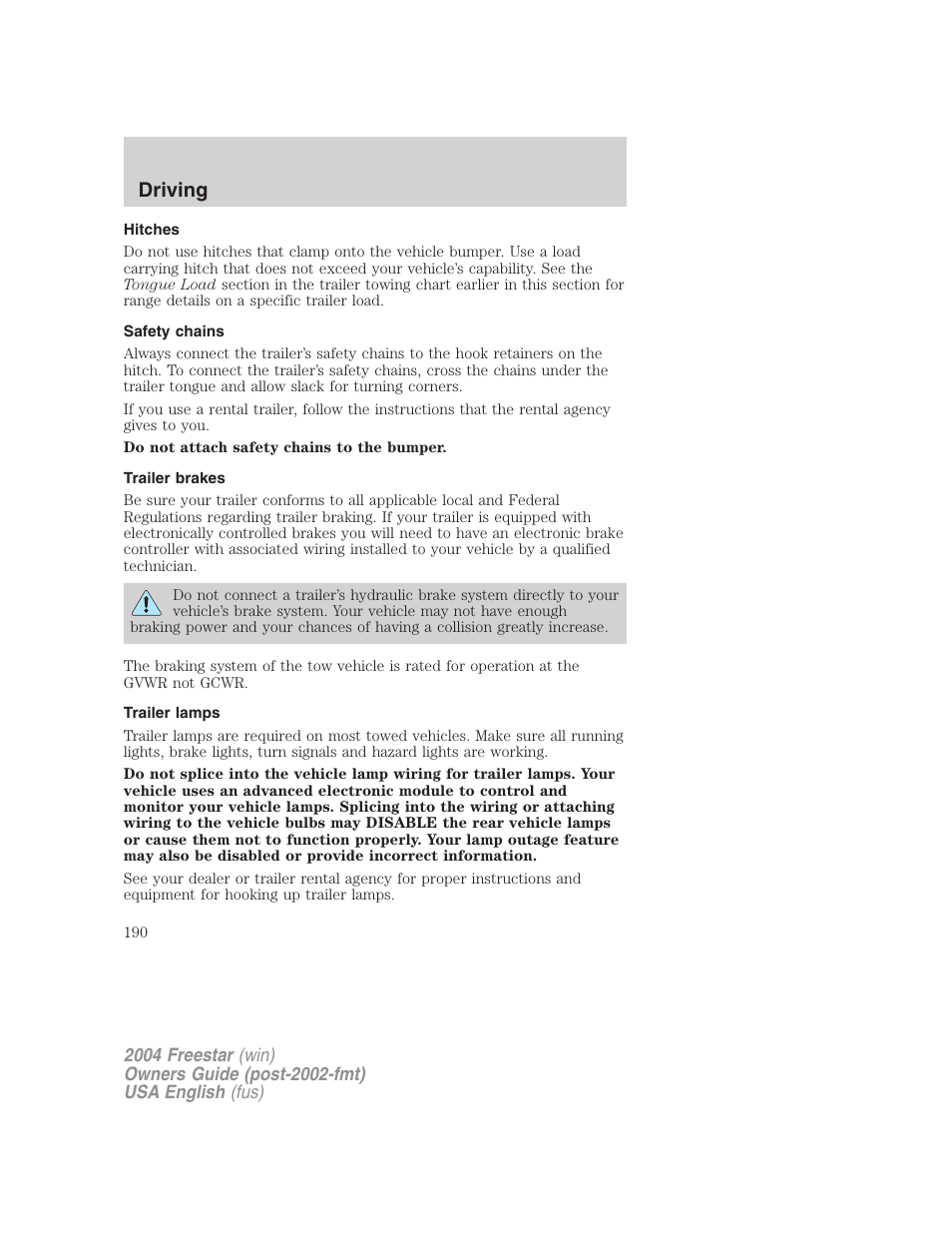 Driving | FORD 2004 Freestar v.3 User Manual | Page 190 / 296