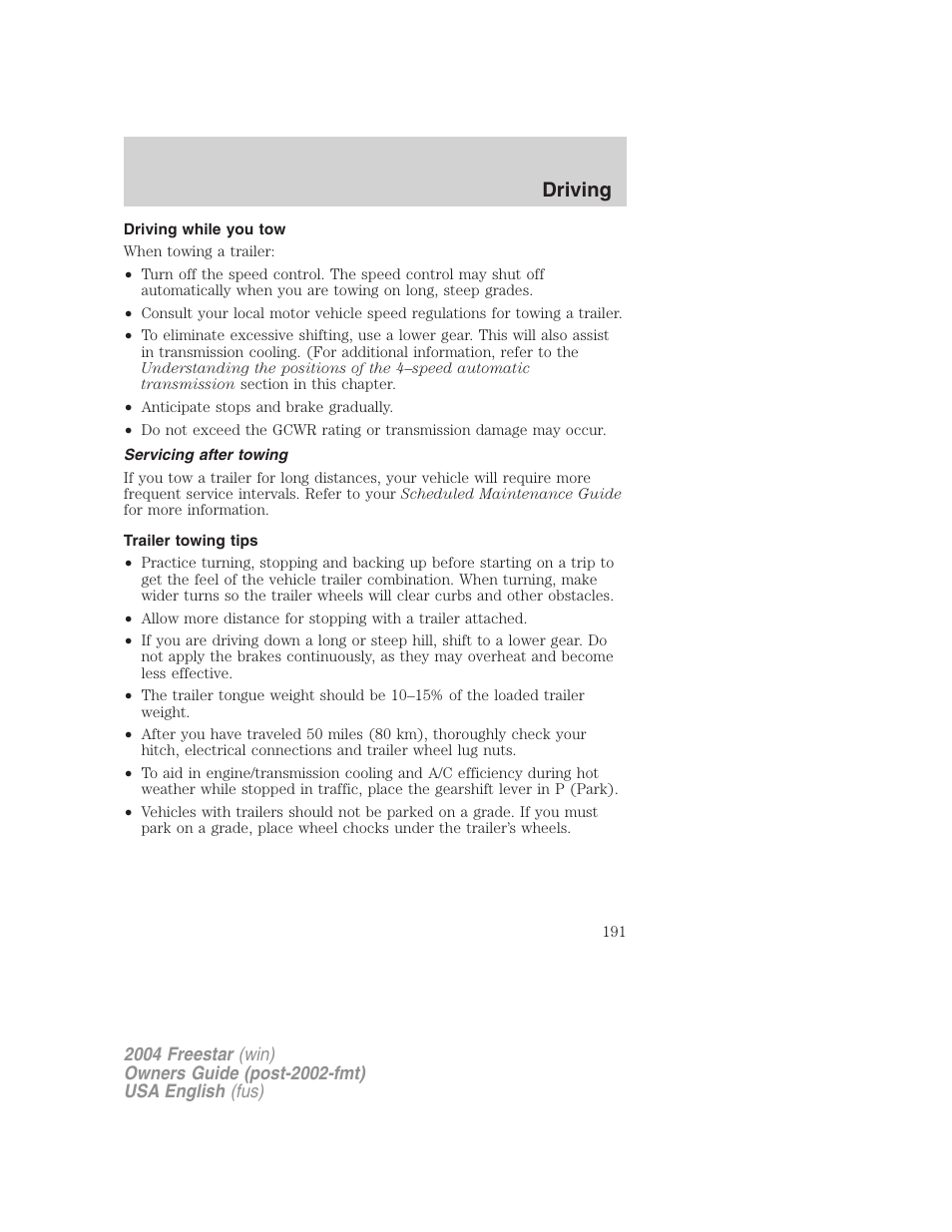 Driving | FORD 2004 Freestar v.3 User Manual | Page 191 / 296
