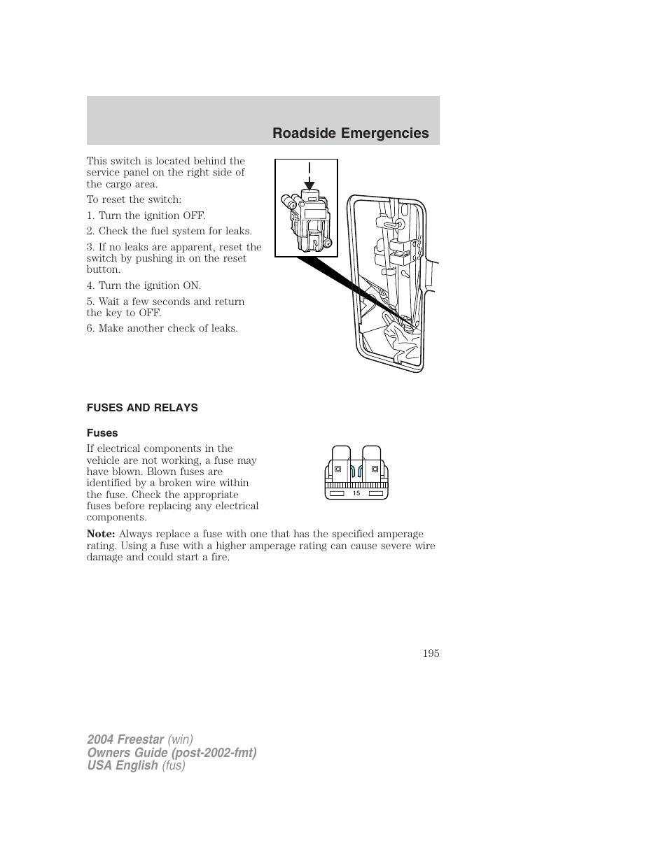 Roadside emergencies | FORD 2004 Freestar v.3 User Manual | Page 195 / 296