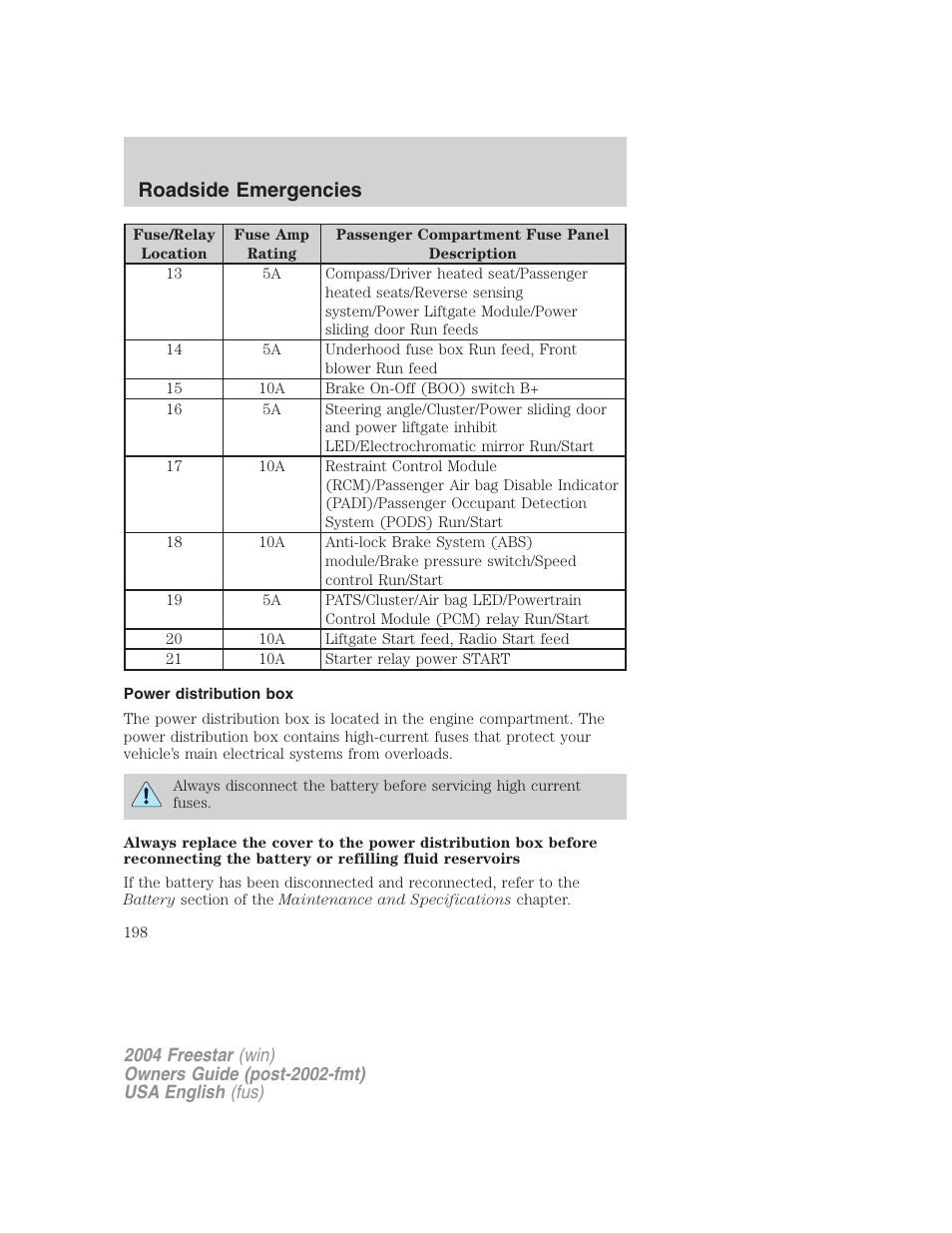Roadside emergencies | FORD 2004 Freestar v.3 User Manual | Page 198 / 296