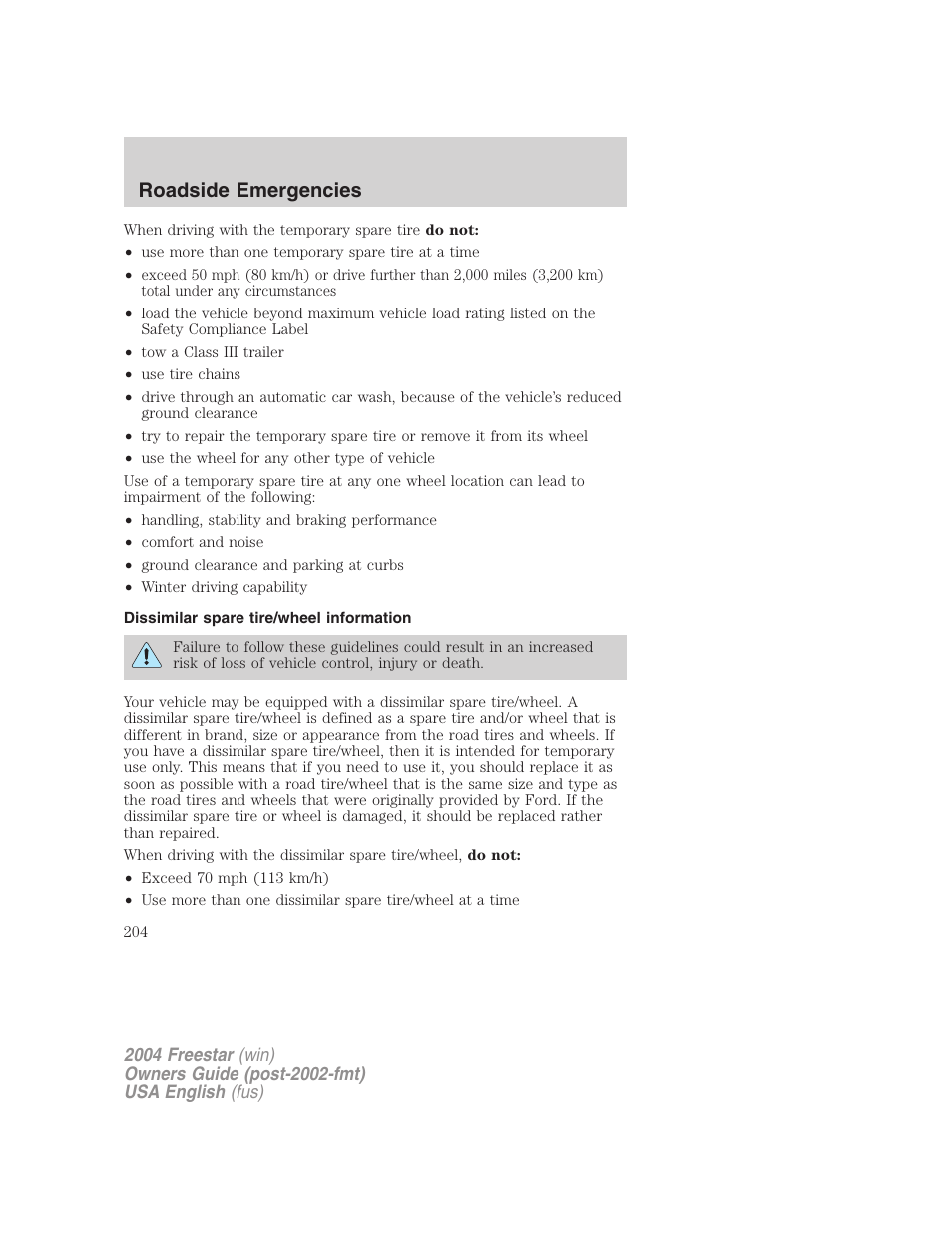 Roadside emergencies | FORD 2004 Freestar v.3 User Manual | Page 204 / 296