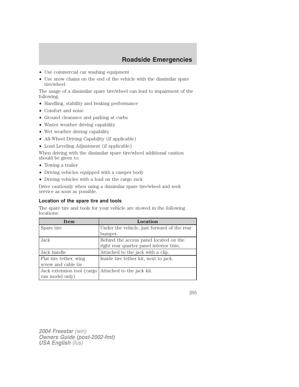 Roadside emergencies | FORD 2004 Freestar v.3 User Manual | Page 205 / 296