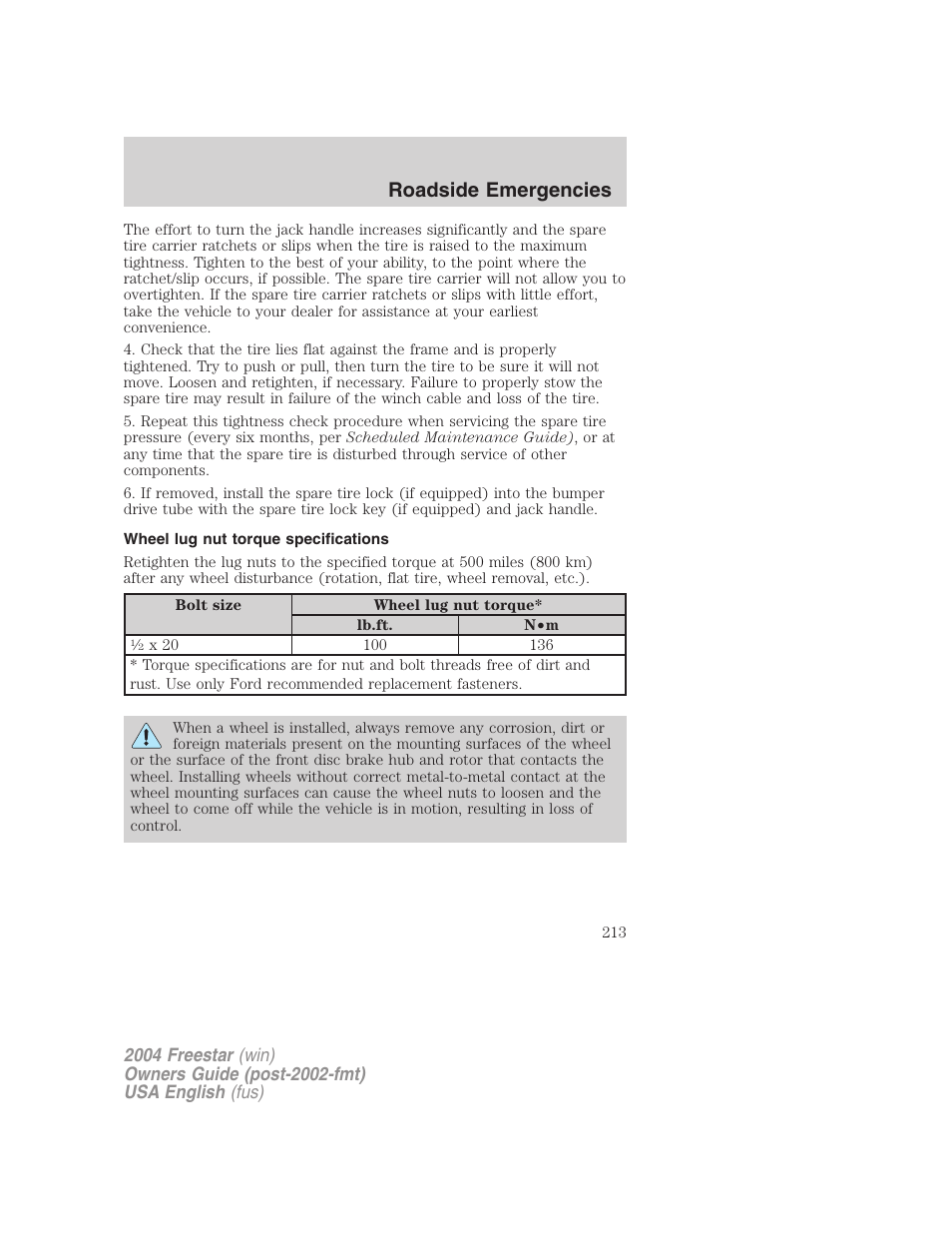Roadside emergencies | FORD 2004 Freestar v.3 User Manual | Page 213 / 296