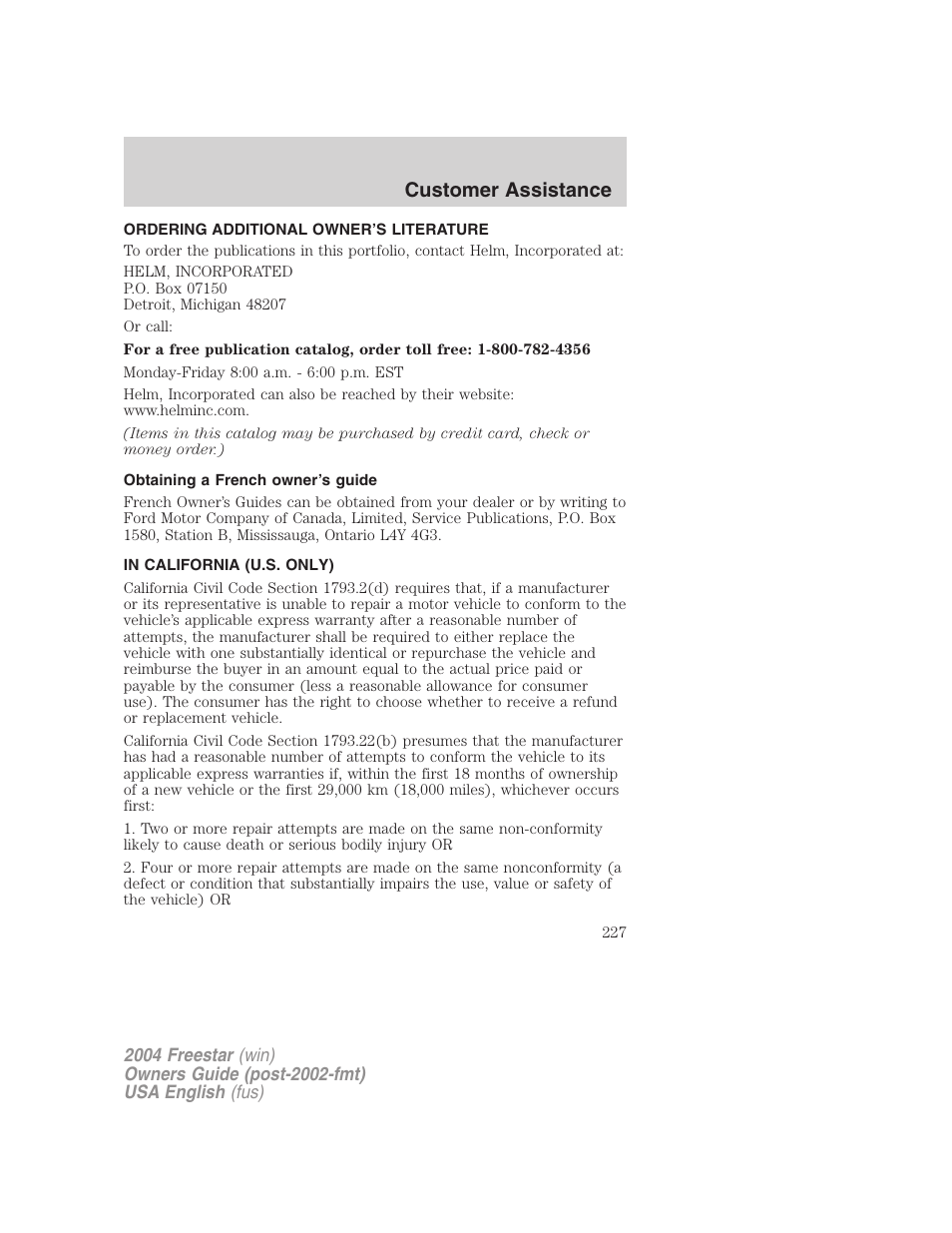 Customer assistance | FORD 2004 Freestar v.3 User Manual | Page 227 / 296