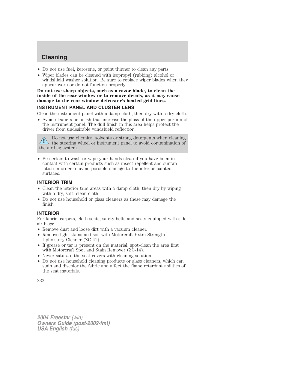 Cleaning | FORD 2004 Freestar v.3 User Manual | Page 232 / 296