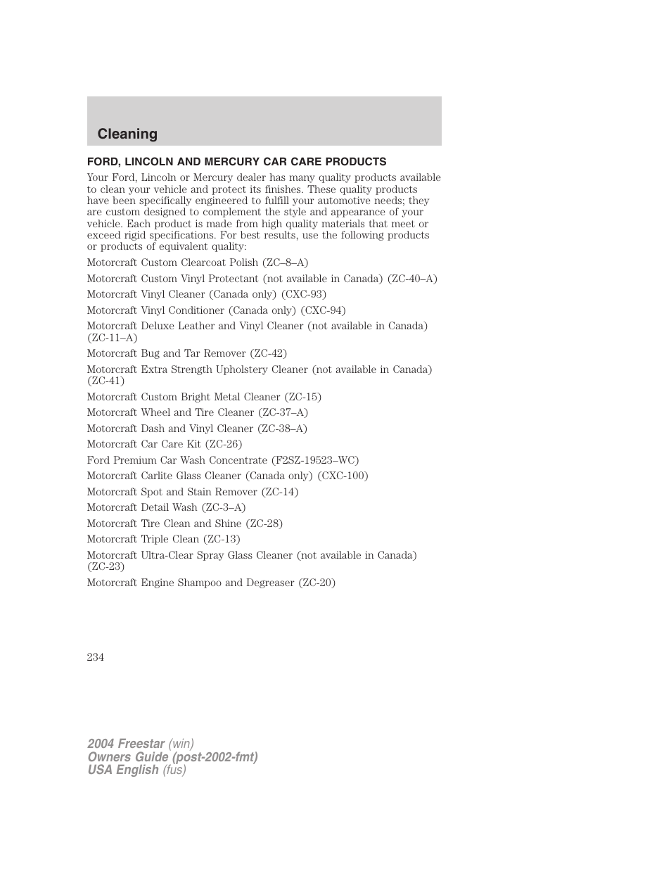 Cleaning | FORD 2004 Freestar v.3 User Manual | Page 234 / 296