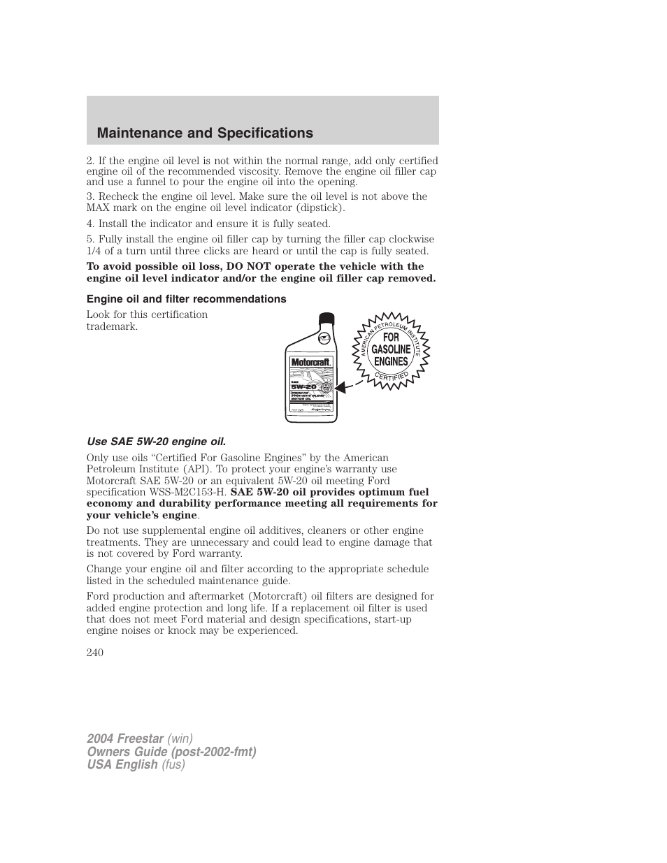 Maintenance and specifications | FORD 2004 Freestar v.3 User Manual | Page 240 / 296
