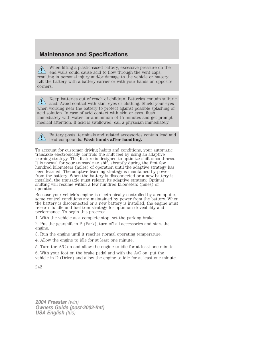 Maintenance and specifications | FORD 2004 Freestar v.3 User Manual | Page 242 / 296