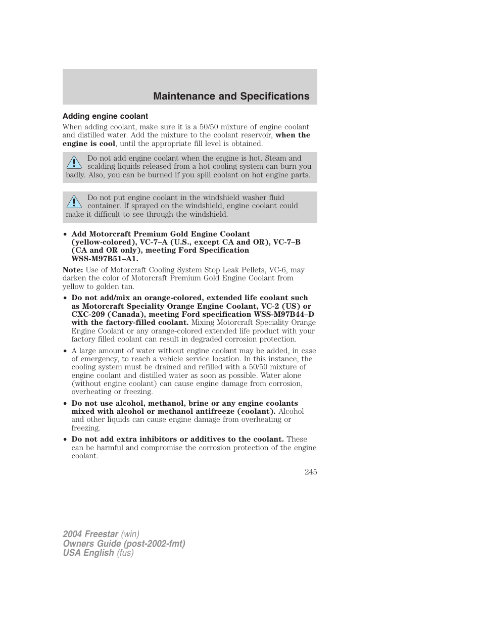 Maintenance and specifications | FORD 2004 Freestar v.3 User Manual | Page 245 / 296