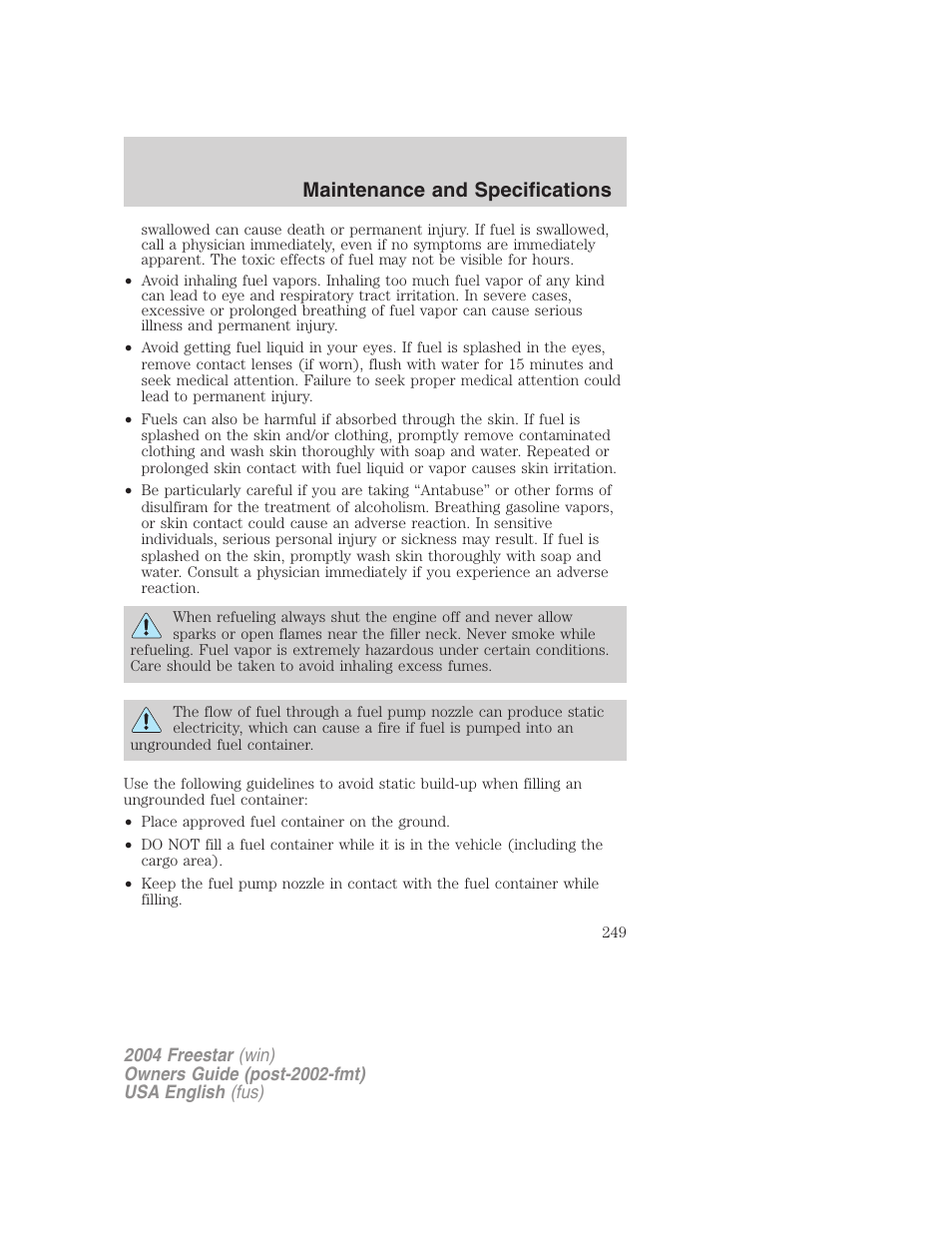 Maintenance and specifications | FORD 2004 Freestar v.3 User Manual | Page 249 / 296