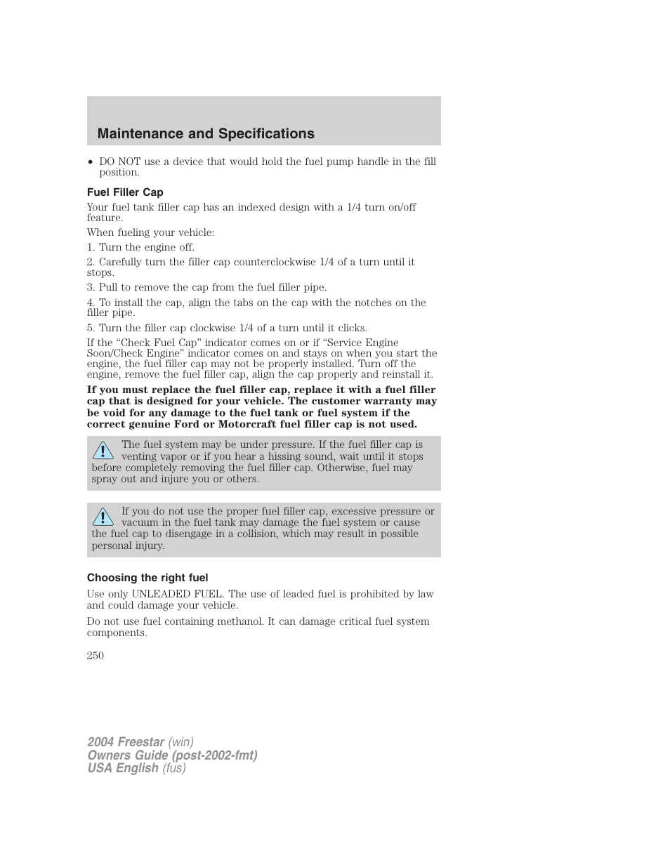 Maintenance and specifications | FORD 2004 Freestar v.3 User Manual | Page 250 / 296