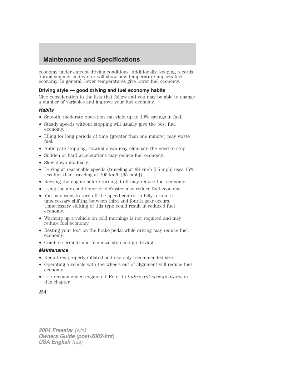 Maintenance and specifications | FORD 2004 Freestar v.3 User Manual | Page 254 / 296