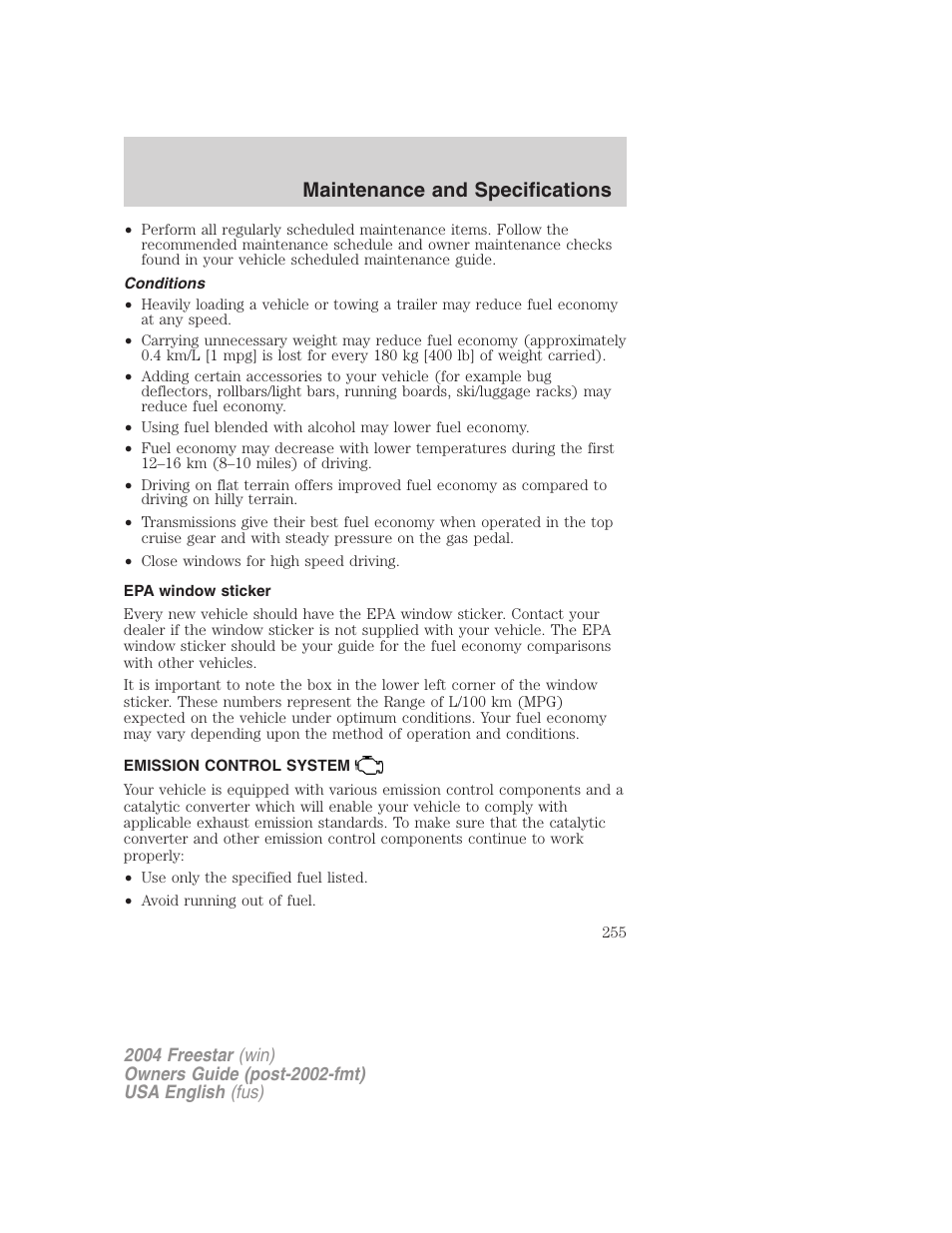 Maintenance and specifications | FORD 2004 Freestar v.3 User Manual | Page 255 / 296