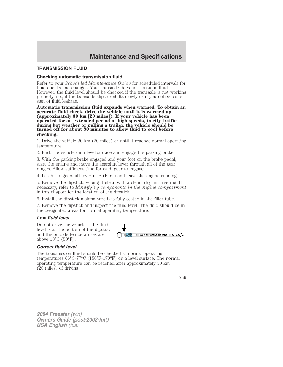 Maintenance and specifications | FORD 2004 Freestar v.3 User Manual | Page 259 / 296
