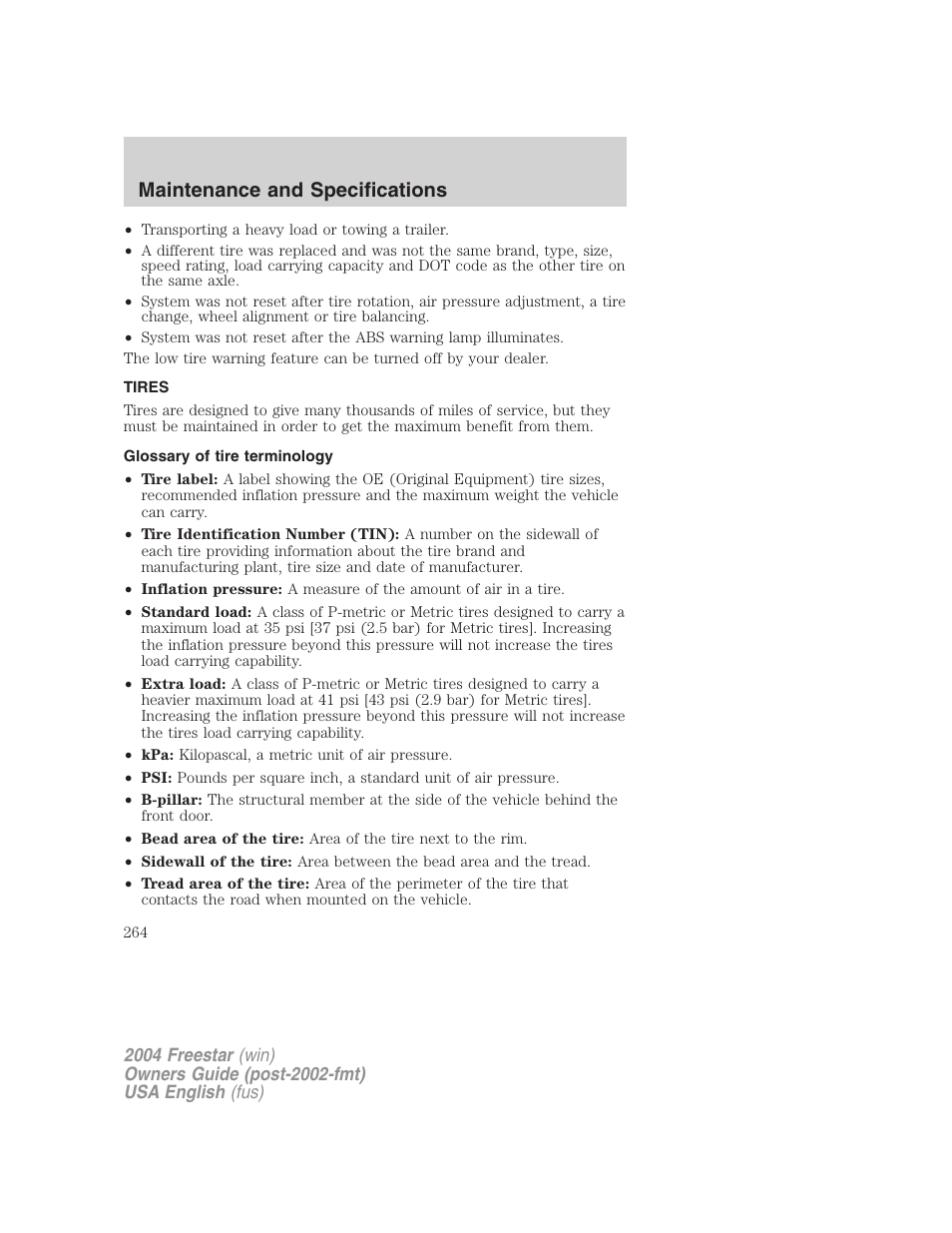 Maintenance and specifications | FORD 2004 Freestar v.3 User Manual | Page 264 / 296