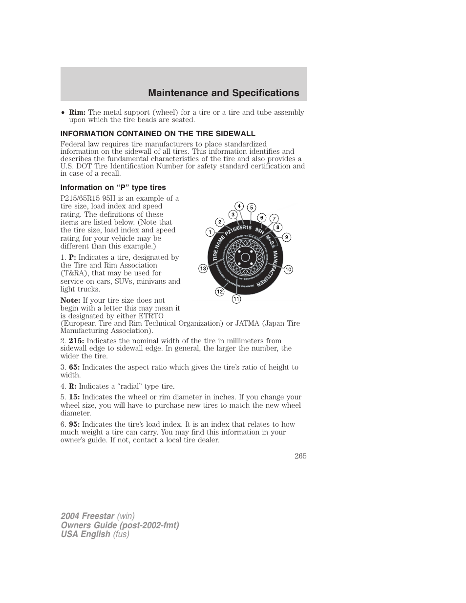 Maintenance and specifications | FORD 2004 Freestar v.3 User Manual | Page 265 / 296