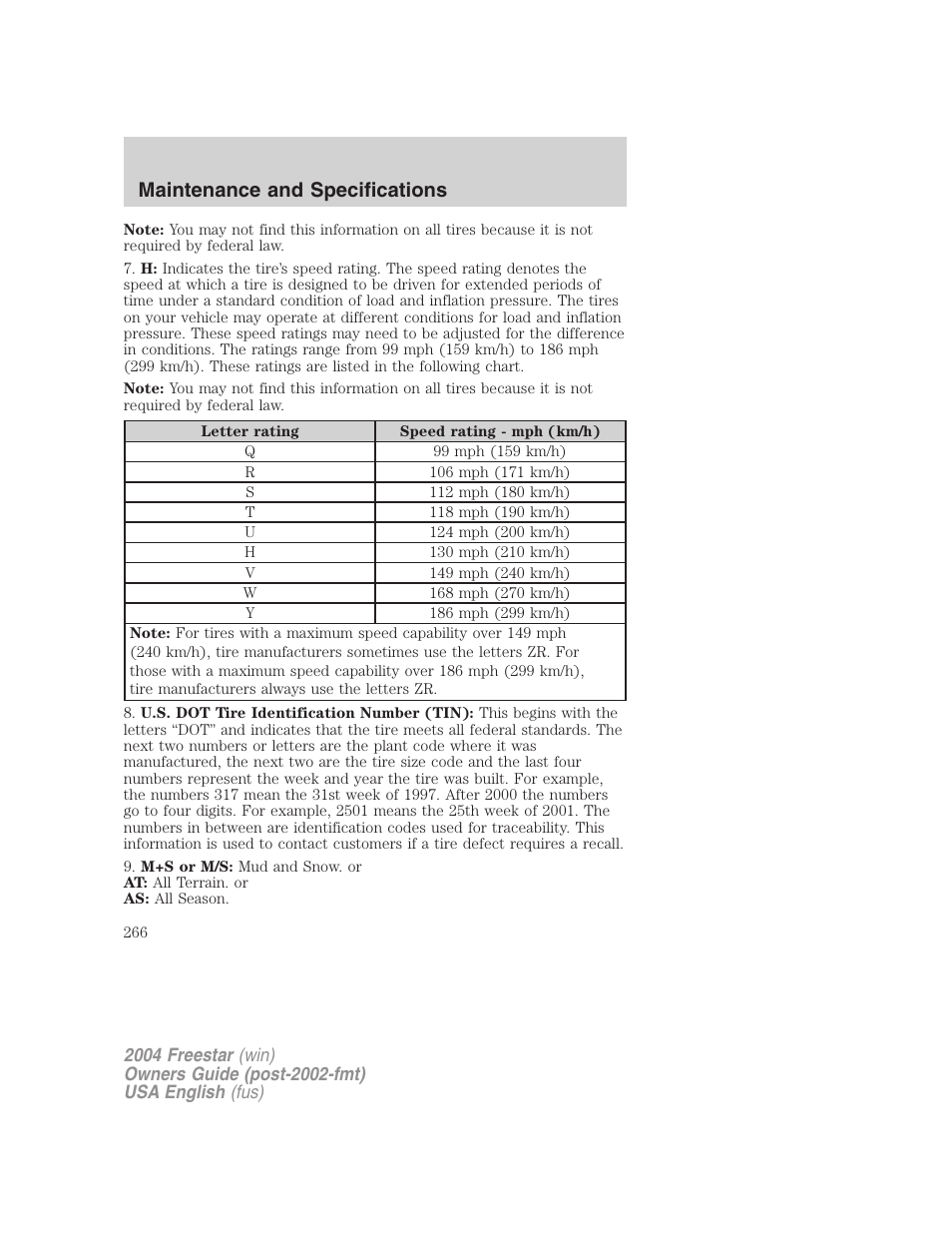 Maintenance and specifications | FORD 2004 Freestar v.3 User Manual | Page 266 / 296