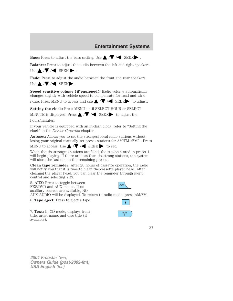 Entertainment systems | FORD 2004 Freestar v.3 User Manual | Page 27 / 296