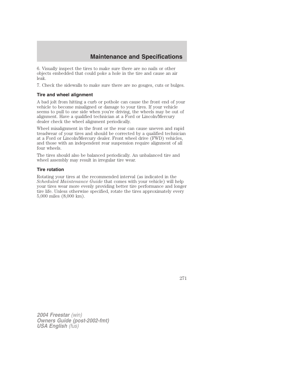 Maintenance and specifications | FORD 2004 Freestar v.3 User Manual | Page 271 / 296