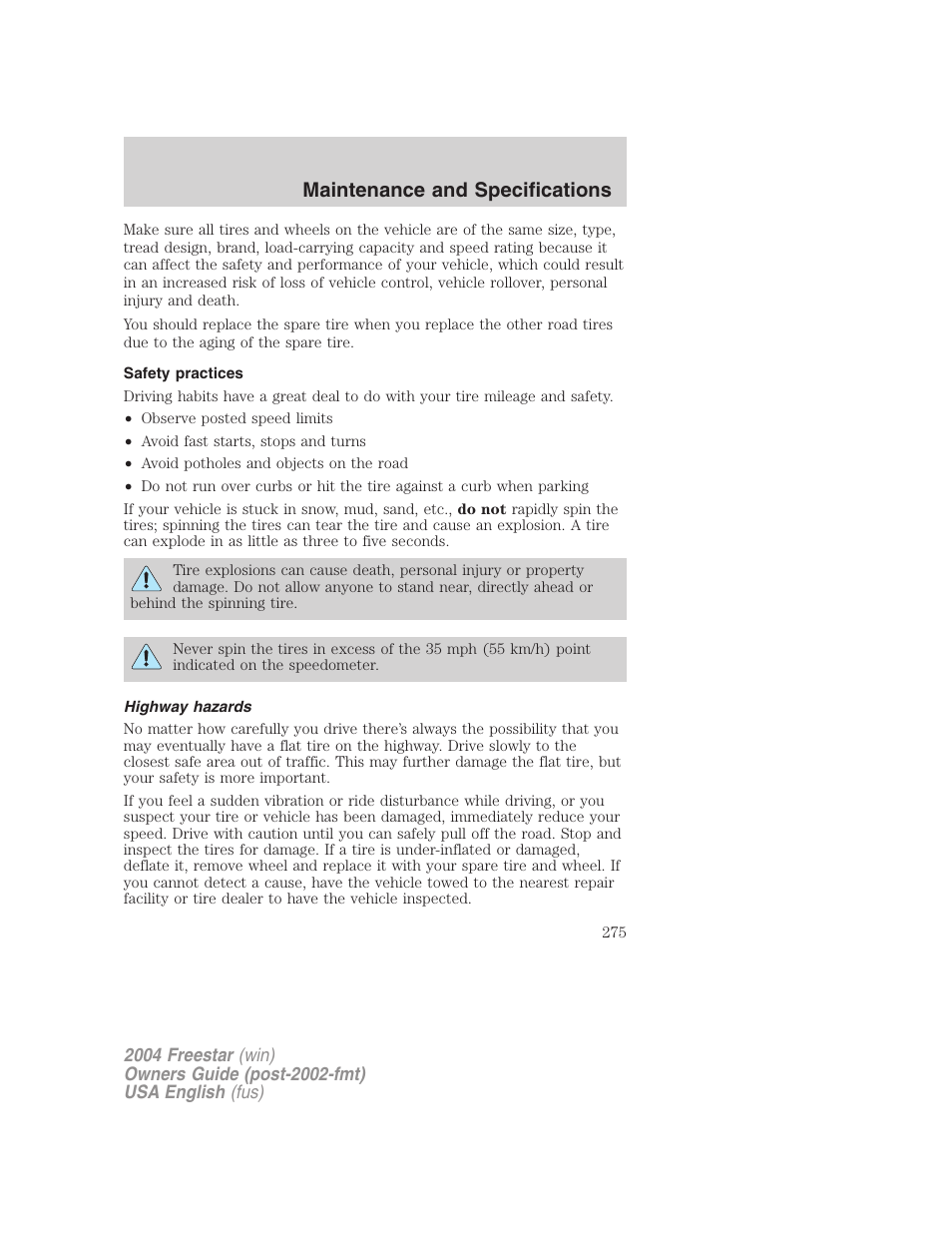 Maintenance and specifications | FORD 2004 Freestar v.3 User Manual | Page 275 / 296