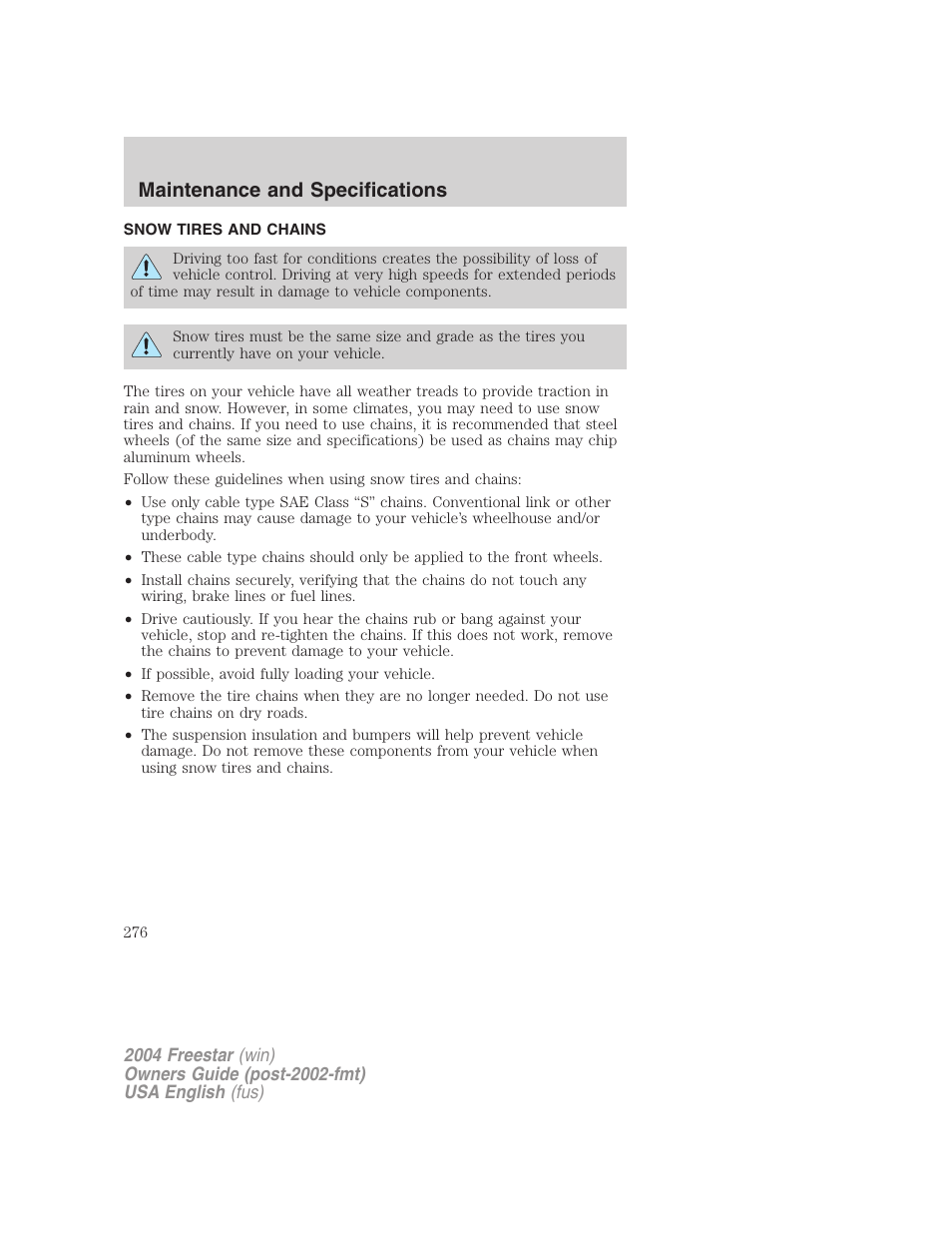 Maintenance and specifications | FORD 2004 Freestar v.3 User Manual | Page 276 / 296