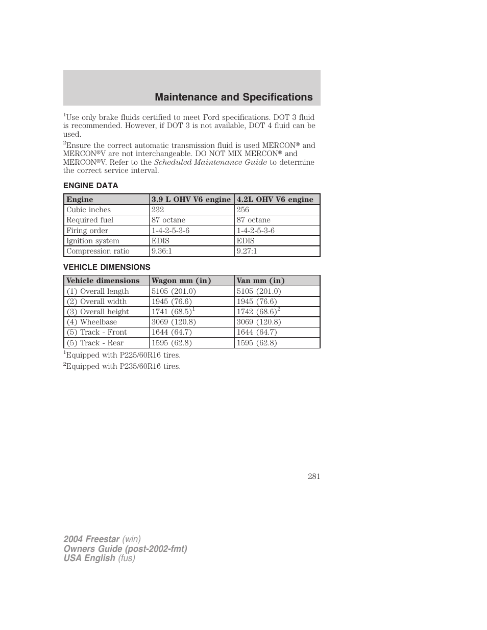 Maintenance and specifications | FORD 2004 Freestar v.3 User Manual | Page 281 / 296