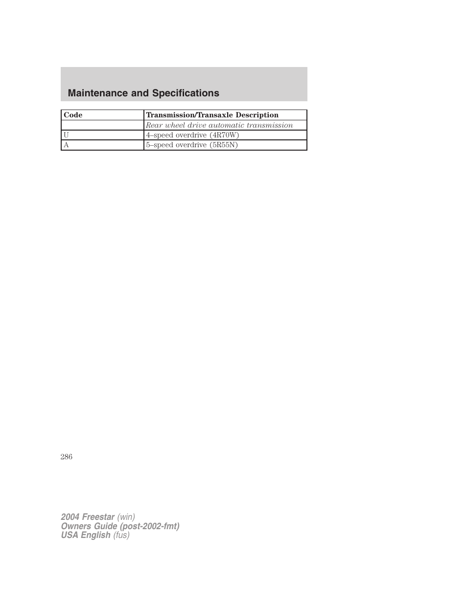 Maintenance and specifications | FORD 2004 Freestar v.3 User Manual | Page 286 / 296