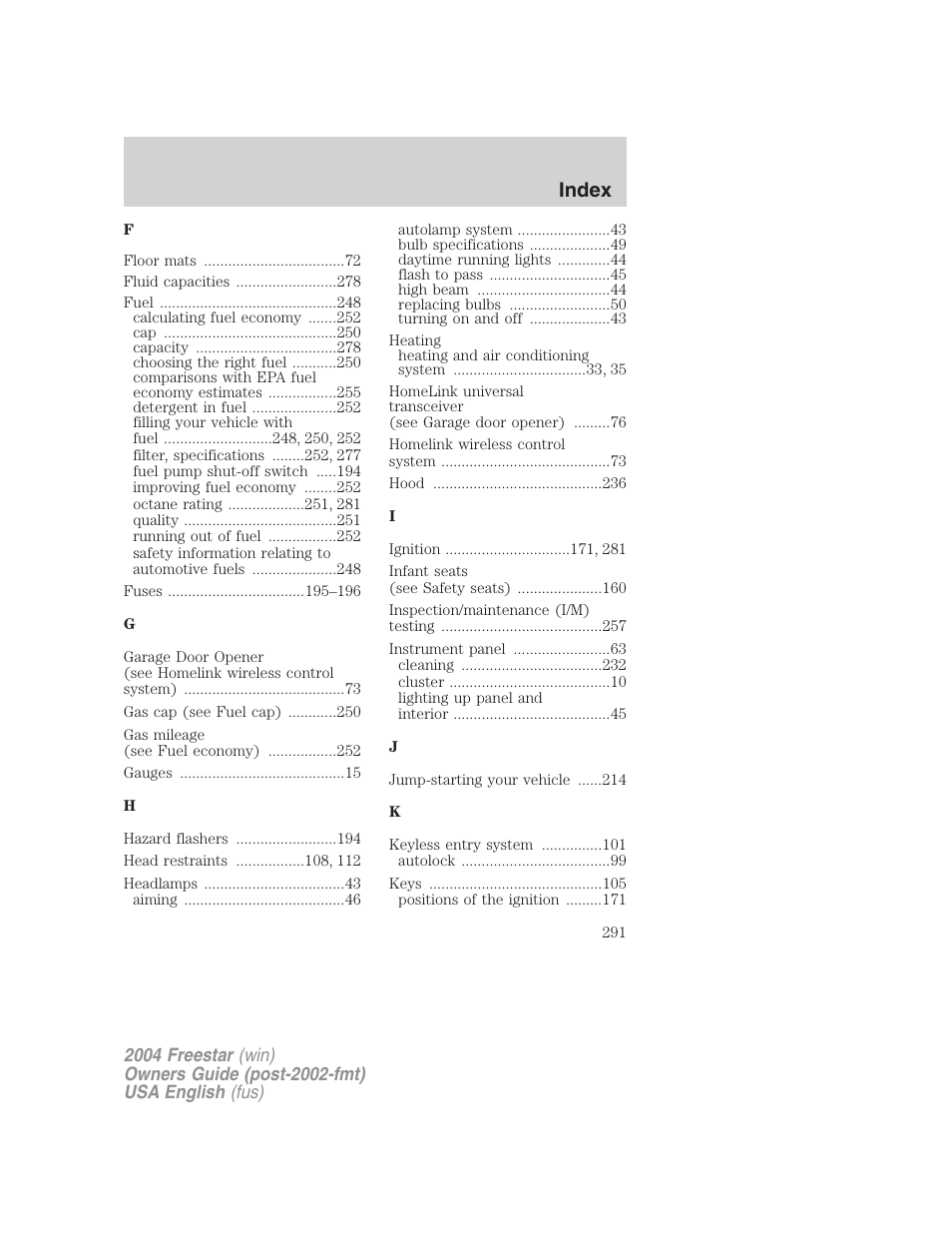 Index | FORD 2004 Freestar v.3 User Manual | Page 291 / 296