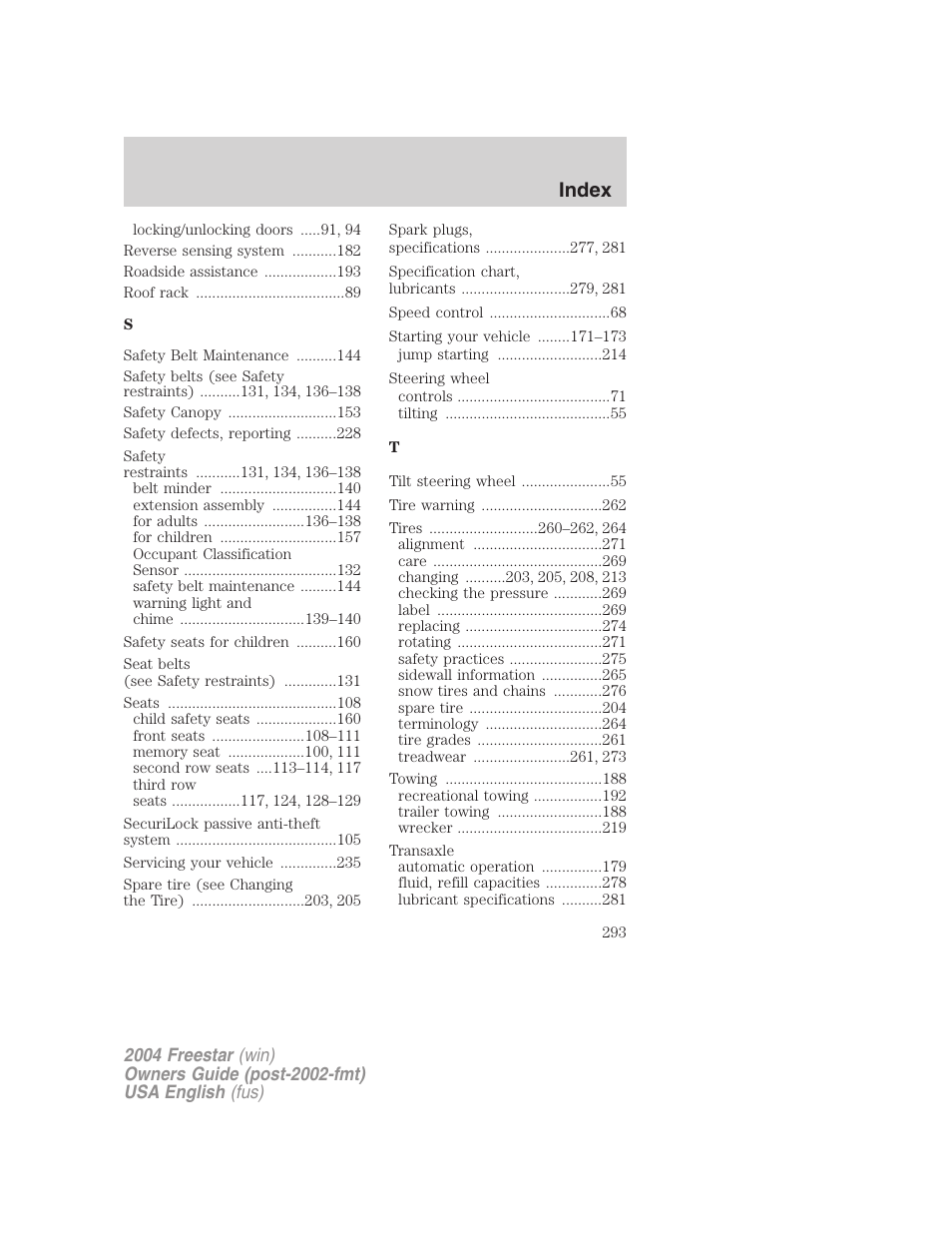 Index | FORD 2004 Freestar v.3 User Manual | Page 293 / 296