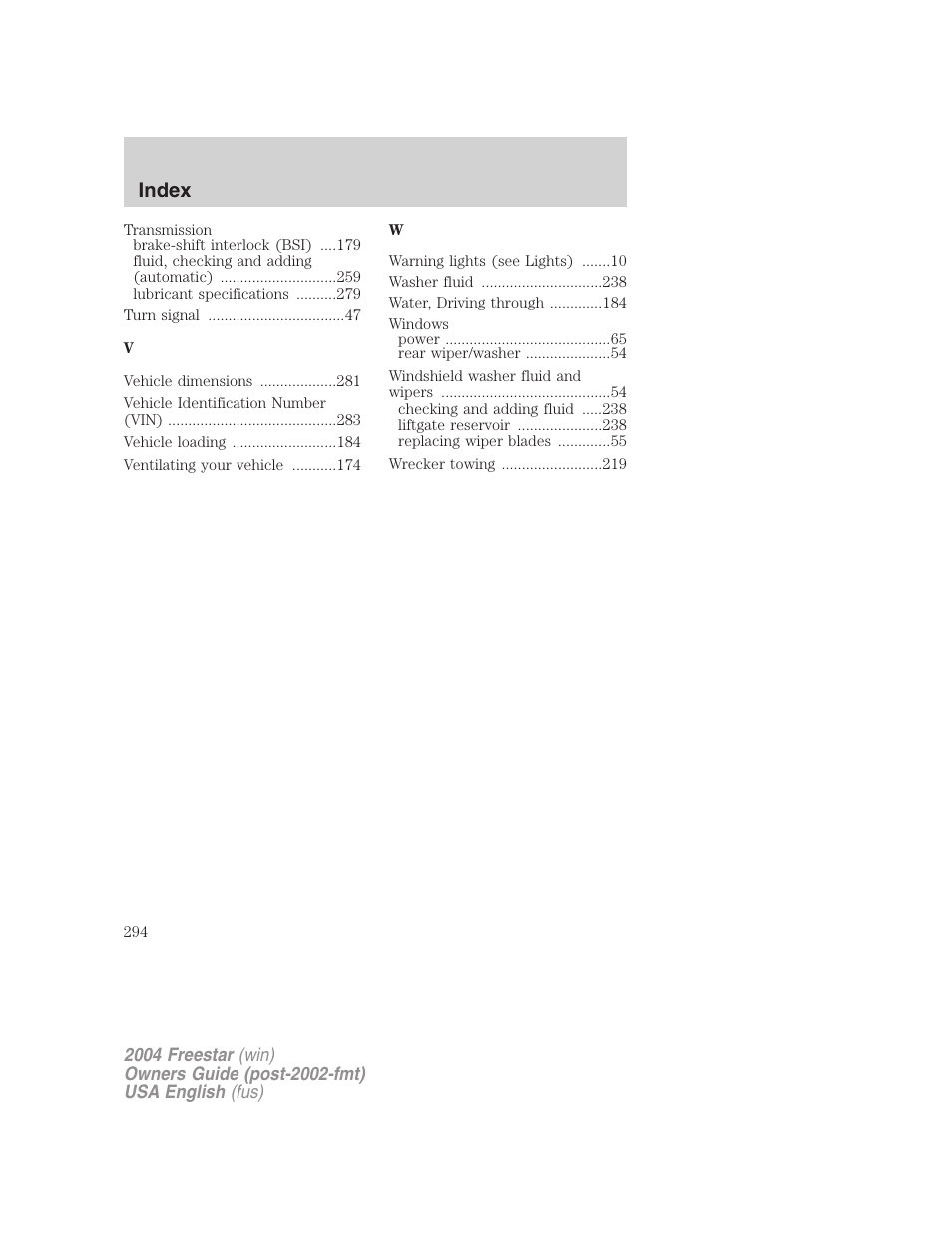 Index | FORD 2004 Freestar v.3 User Manual | Page 294 / 296